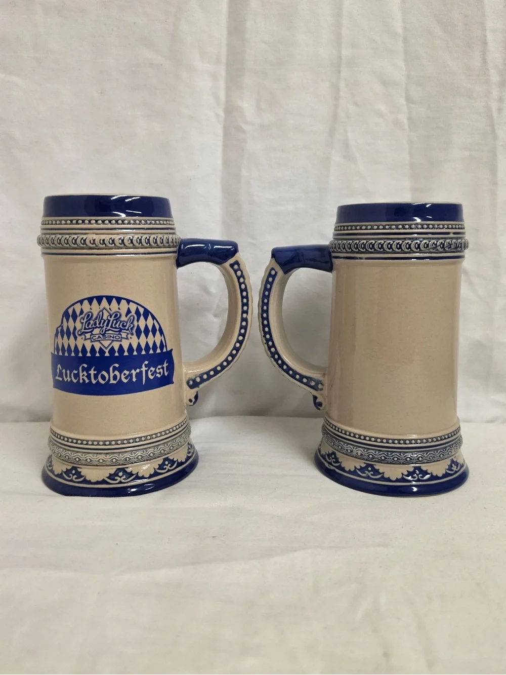Lady Luck Casino Lucktoberfest Beer Steins Set of 2 Ceramic Blue Cream Large